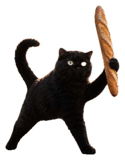 Baguette Cat, a stocky black cat standing on its hind legs, holding a baguette upright in one paw