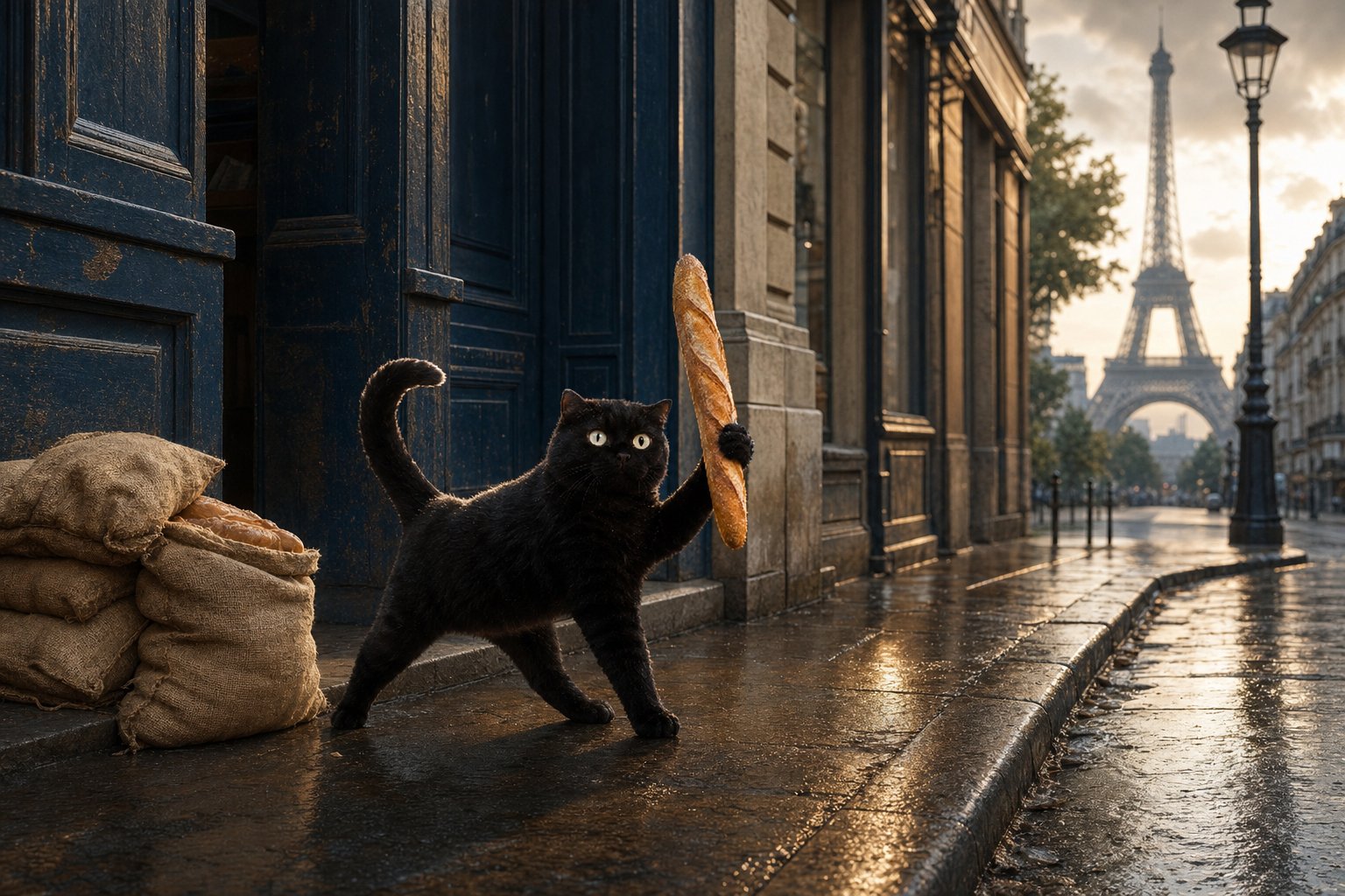 Baguette Cat stepping out of a blue bakery doorway beside flour sacks on a wet pavement
