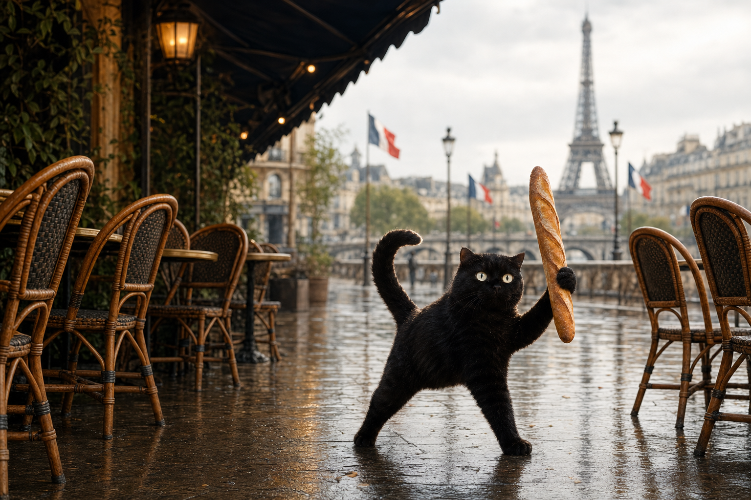 Baguette Cat on a rainy café terrace with wicker chairs, the Eiffel Tower behind